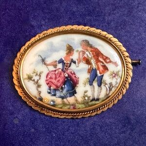 Antique Limoges Hand Painted Brooch w / Marie Antoinette in Tableux Vivant c1895